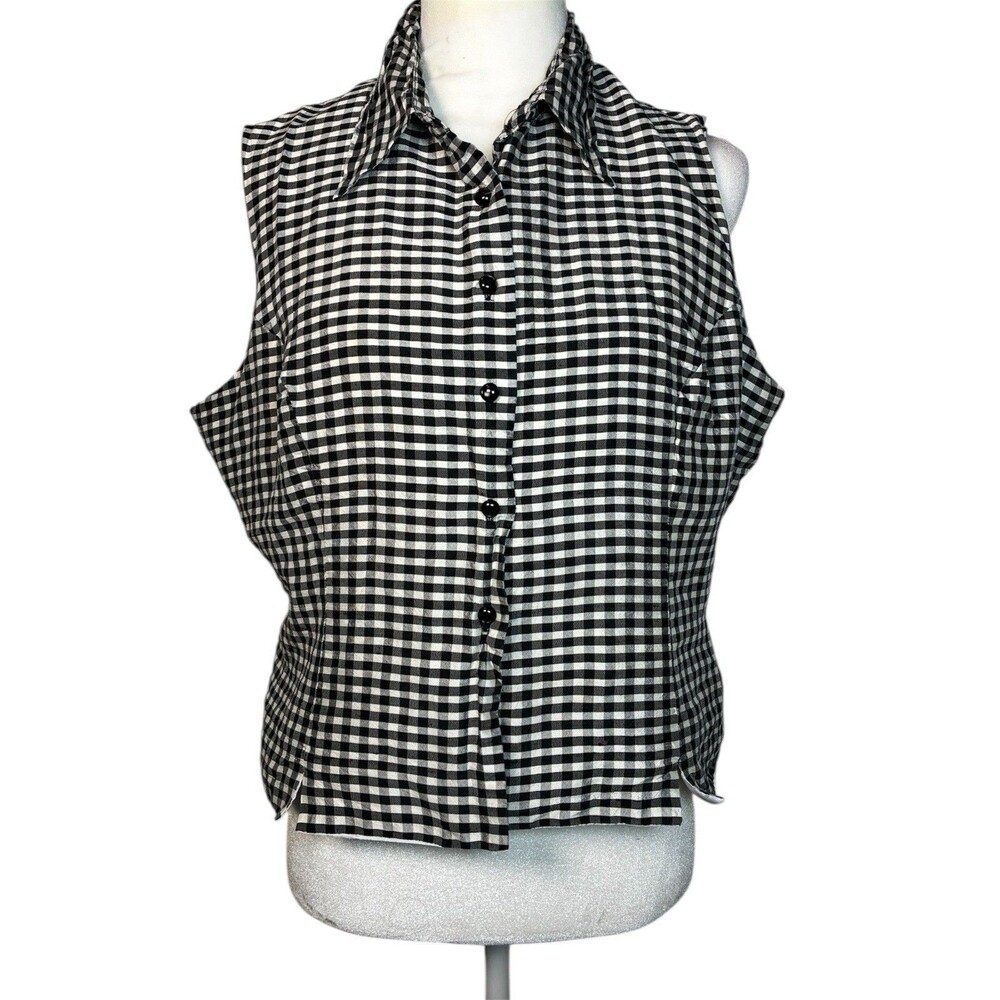 ICE Vintage Gingham Button Up Collared Vest Size 14 Silk Blend